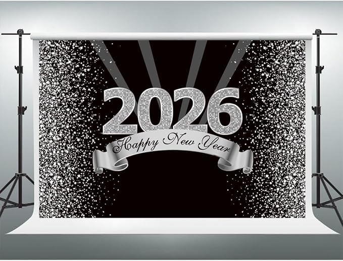 YongFoto 2026 Happy New Year Backdrop 9x6ft Black Silver Photography Background Merry Christmas Night Festival Carnival Celebration Party Banquet Decor Banner Photoshoot Wallpaper Photo Booth