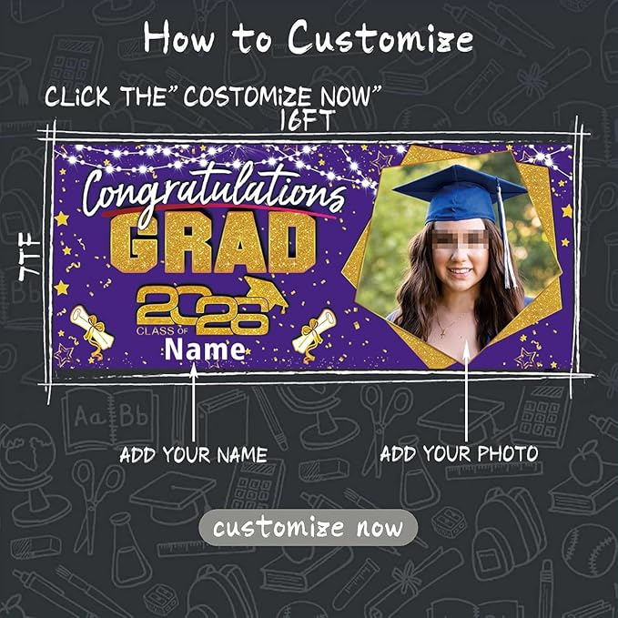 Custom Garaduation Garage Door Banner Cover 16 x 7 ft Class of 2026 Congrats Grad Party Backdrop Personalized Graduation Decoration(Purple and Gold)