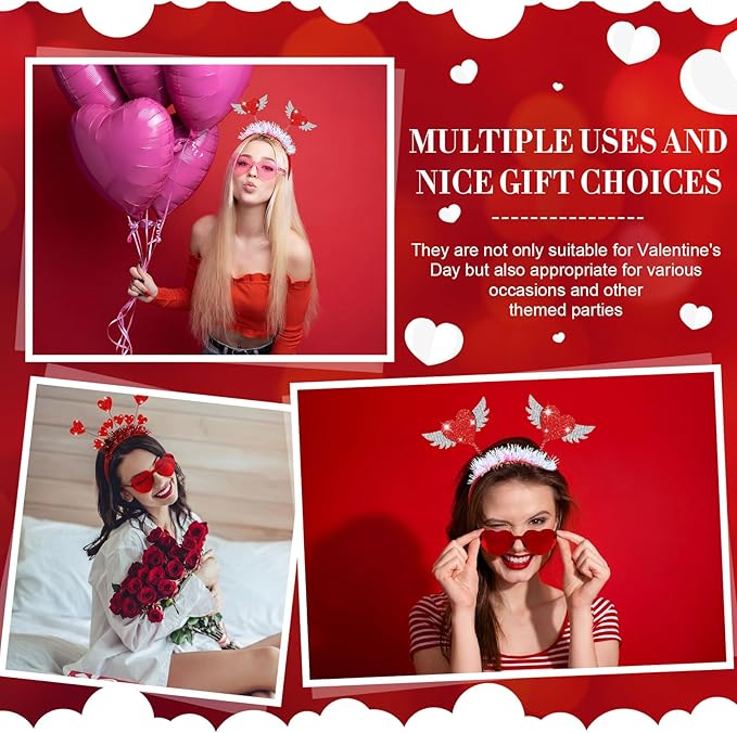 Riceshoot 8/12/24/48 Pack Valentine's Day Heart Headband and Sunglasses Bulk Valentines Galentines Accessories Photo Prop