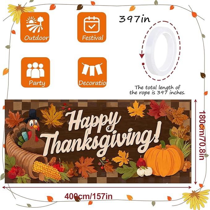 ANNA QUEEN Happy Thanksgiving Garage Door Banner 6 x 13FT, Cornucopia and Pumpkins on Woodgrain, Fall Outdoor Garage Decoration for Parties Home Rustic Decor