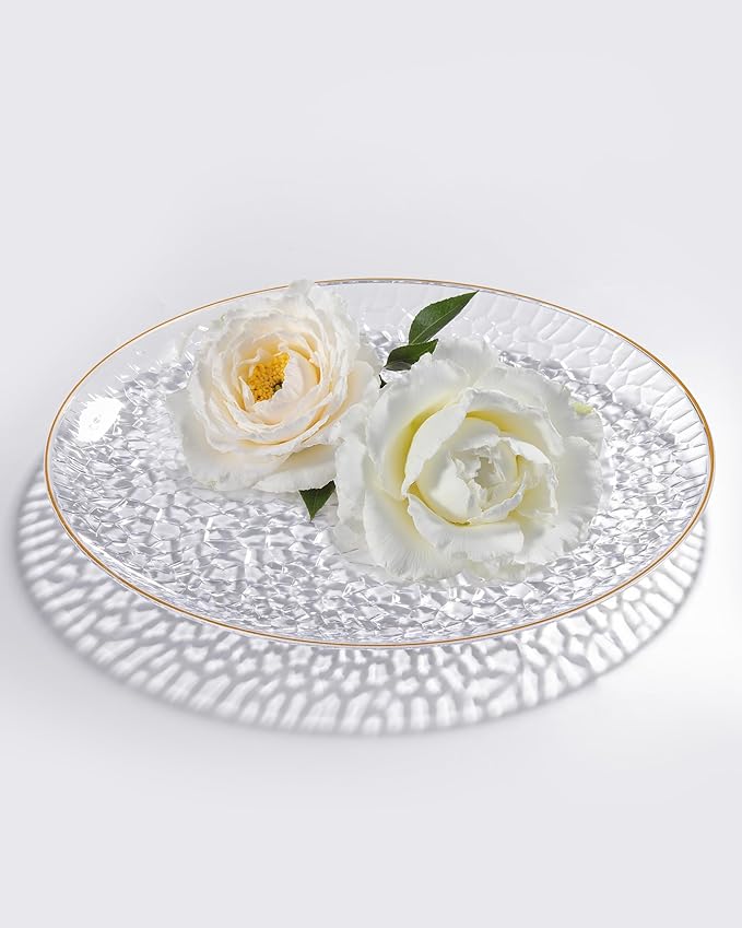 Hioasis 175pcs Clear Gold Plastic Plates - Clear Plastic Dinnerware Set Includes 25 Dinner Plate, 25 Dessert Plate, 25 Cups, 25 Napkins Perfect for Wedding & Party