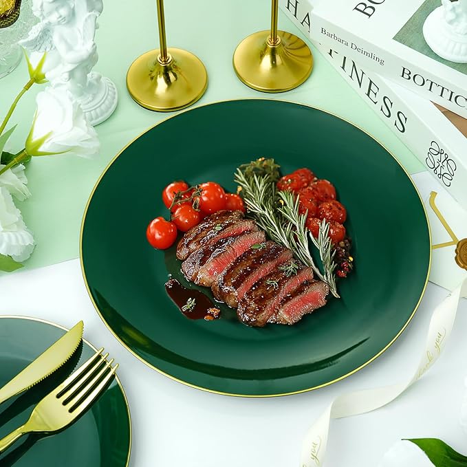 175 Pieces Green Gold Plastic Dinnerware Set, Gold Disposable Plates for Party, Include 50 Green Plates with 75 Plastic Cutlery, 25 Napkins and 25 Cups