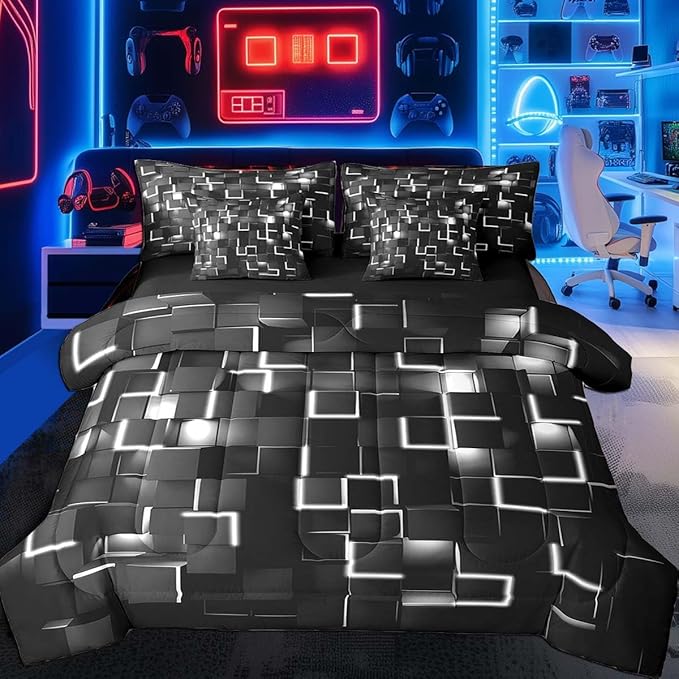 Feelyou Grey and Black Bedding Set Full Size Light Geometric Comforter Set with Sheets 7 Piece for Kids Boys Decor Bed in a Bag Modern Style Bed Set