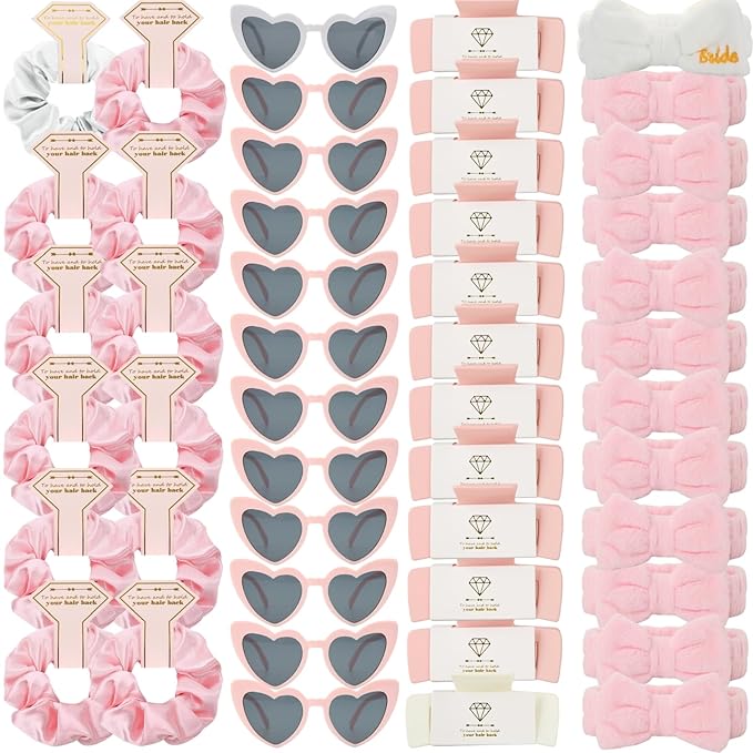 Bridesmaid Scrunchies Proposal Hair claws clips Set of 12 Bridal Shower heart sunglasses Gifts for Wedding Bachelorette Party Favors (48pcs White&Pink)