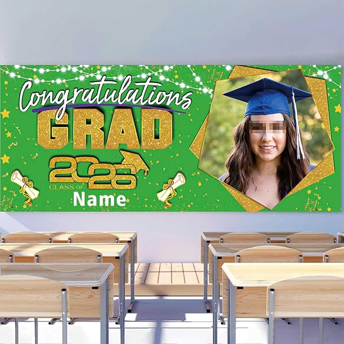 Custom Garaduation Garage Door Banner Cover 16 x 7 ft Class of 2026 Congrats Grad Party Backdrop Personalized Graduation Decoration(Green and Gold)
