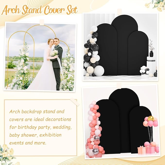 6FT 6.6FT 7.2FT Metal Arch Stand and Cover Set of 3 Black Arch Stand Cover Round Top Arch Backdrop Stand with Spandex Arched Cover Stretchy for Birthday Party Ceremony Graduation Decor