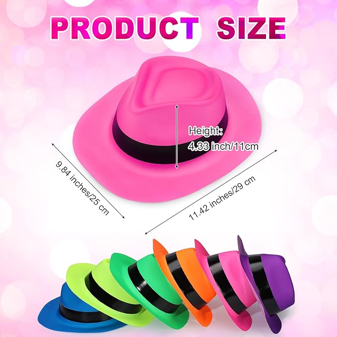 48 Pieces Neon Mafia Style Party Hats - Bright Dress Hats for Gangster Music Disco Birthday, Photo Booth Props and Favors