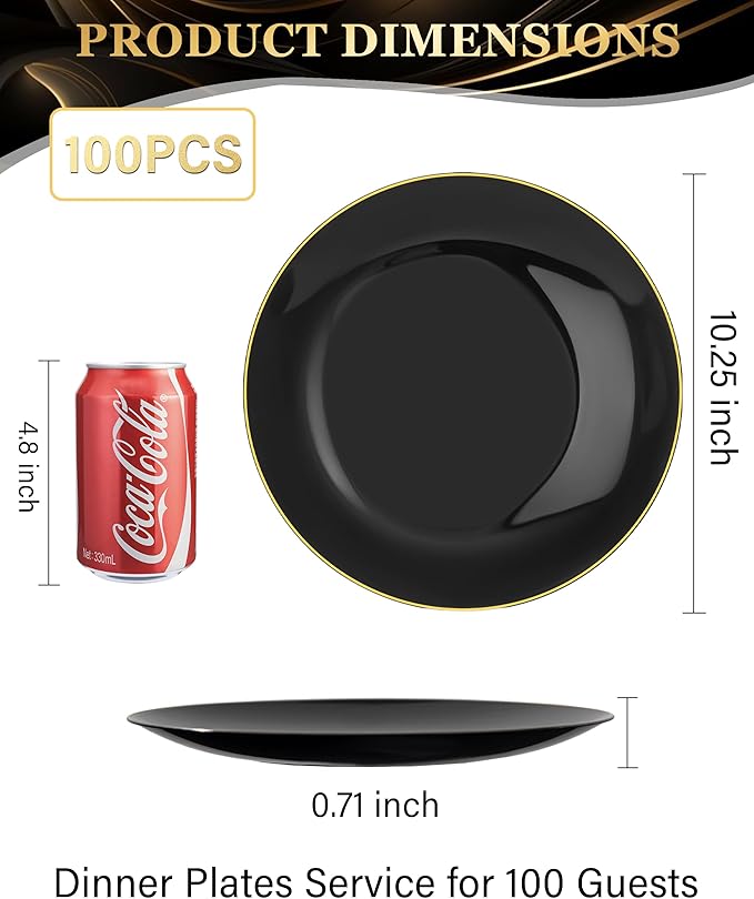 Nervure 100PCS Black and Gold Plastic Plates - 10.25 inch Black Disposable Plates - Gold Rim Dinner Plate - Black Dinner Plate Ideal for Wedding & Party