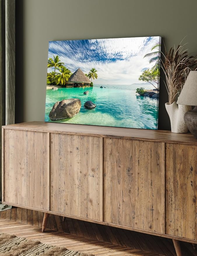 IPIC - "Tropical Memories Personalized Canvas Wall Art, Custom Beach Canvas Print with Name and Date on Rock, A Personalized Gift for Couple, Wedding, or Anniversary, Coastal Home Decor