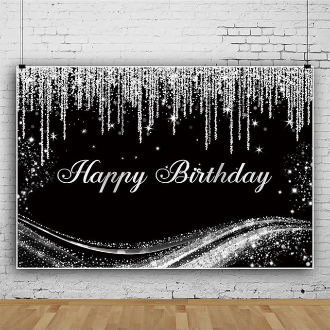 Renaiss 15x10ft Silver Birthday Backdrop for Photoshoot Man Woman Portrait Gray Floating Glitters Luxury Graceful Black Photography Background Happy Birthday Banner Bday Party Decors Photo Booth Props