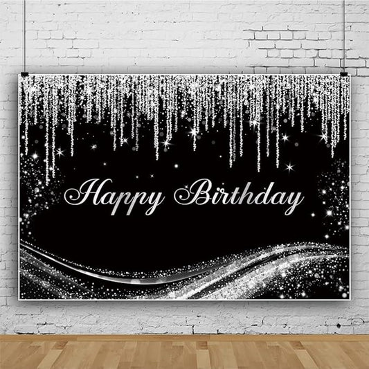 Renaiss 9x6ft Silver Birthday Backdrop for Photoshoot Man Woman Portrait Gray Floating Glitters Luxury Graceful Black Photography Background Happy Birthday Banner Bday Party Decors Photo Booth Props