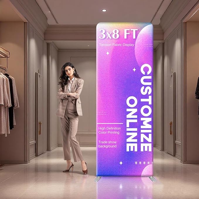 3x8 FT Custom Tension Fabric Backdrop Banner Stand, HD Banner Printing Online Design Tension Fabric Display Stand, Large Portable Trade Show Display Booth for Business, Corporate, Wedding, Mall