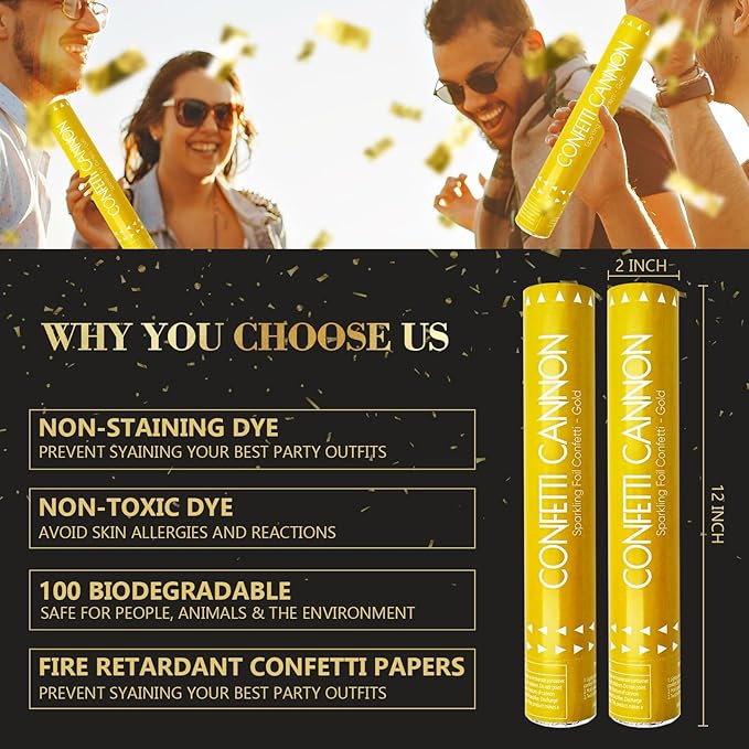 Confetti Cannon Gold Party Poppers 12 Inch Streamer Cannon 12 Pack Golden Party Poppers Shooters Foil Gold Popper Cannon Bulk for Wedding,Birthday,Graduation,New Year Celebration