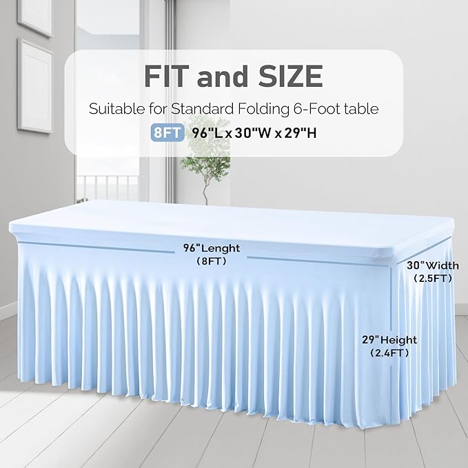 6 Packs Baby Blue Table Clothes for 8 Foot Rectangle Tables, One-Piece Wrinkle Resistant Stretch Spandex Table Covers with Skirt for Event Banquet Wedding Birthday Party