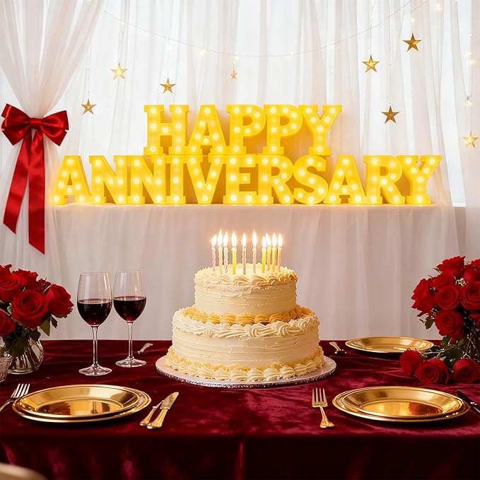 Honoson 16 Pcs Happy Anniversary Decoration Light up Letters Sign Wedding Anniversary Party Light LED Neon Table Decoration for Valentine's Day Wedding Romantic Party Decor
