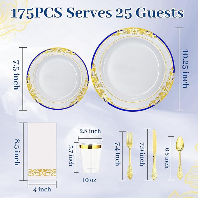 MENDENG 175pcs Plastic Plates for Party Plates Disposable Heavy Duty Platos Desechables Elegantes for Wedding Reception Thanksgiving Christmas Plates and Cups and Napkins and Gold Cutlery Sets