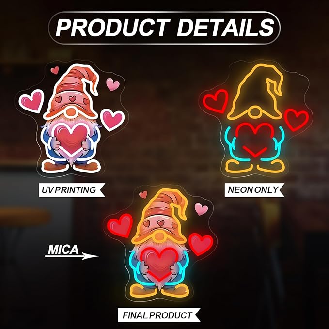 Gnome Heart Valentine Neon Sign - 5-Level Dimmable USB Valentine's Day Decor & Heart Neon Signs, Ideal for Wedding Decor, Romantic Nights, Party Supplies, Cute Wall Lights for Spaces