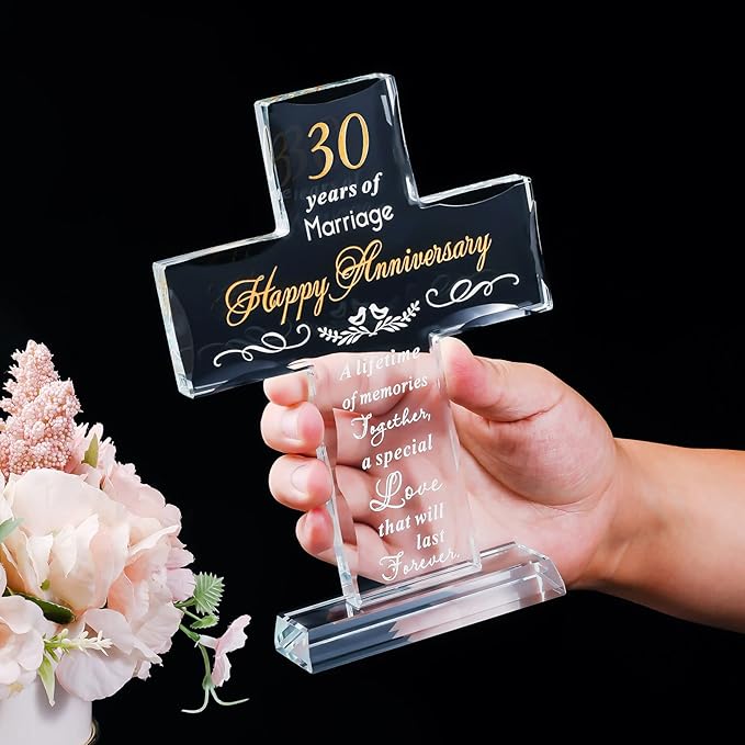 YWHL 30 Years Anniversary Cross Gifts for Wife Him Her, 30th Wedding Anniversary Meaningful Gifts for Couples, Glass Cross Keepsake with Standing Base, 30 Years of Marriage Gift