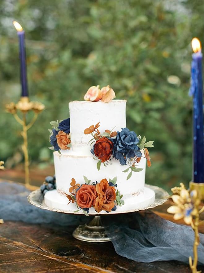 Rinlong 3Pcs Pre-made Artificial Cake Flowers Navy Blue Terracotta Cake Decorations Boho Fall Wedding Cake Decorating Flowers Decor Birthday Baptism Party Burnt Orange Cake Toppers