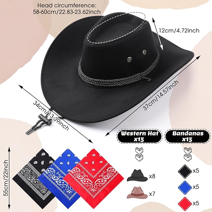 Coume 30 Pieces Western Cowboy Hat Costume Accessories Paisley Bandanna Set Cowgirl Hats Bulk for Adult Women Men Dress Party