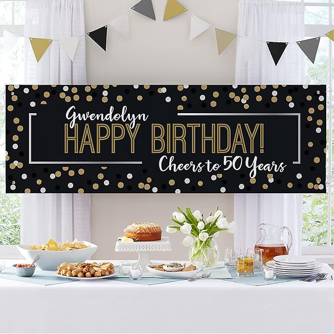 Let's Make Memories Personalized Banner - Birthday, Wedding, Engagement, Work Event Celebration Banner - Custom Party Decorations - Indoor/Outdoor Vinyl - Confetti - Black & Gold - 8ft