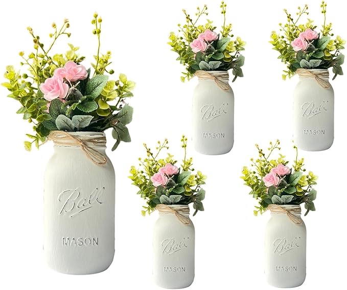 Centerpieces for Tables Bridal Shower - White Mason Jar Centerpieces for Tables, Set of 5-32 oz Hand-Painted Mason Jars - Girl Baby Shower Centerpieces for Tables Girl (5 White w/Greenery/Pink)