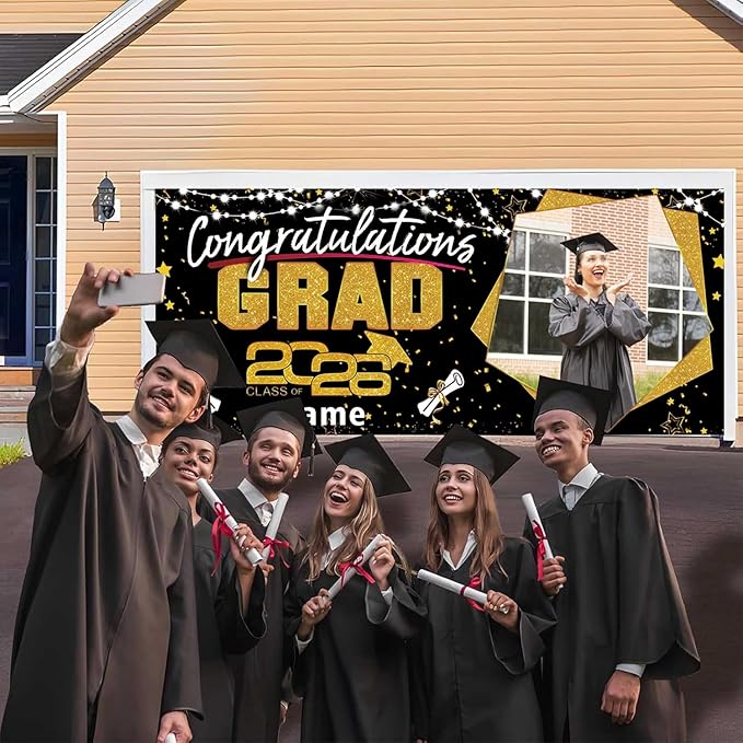 Custom Garaduation Garage Door Banner Cover 16 x 7 ft Class of 2026 Congrats Grad Party Backdrop Personalized Graduation Decoration(Black and Gold)