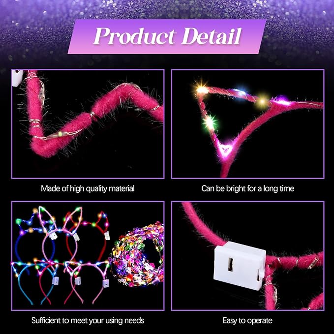 Xinnun 50 Pcs LED Cat Ear Headbands Bulk, Light up Flower Headband Glow Crown Rabbit Ear Head Accessories for Glow in the Dark Party for Valentine's Day Easter Mardi Gras Carnival Bachelorette