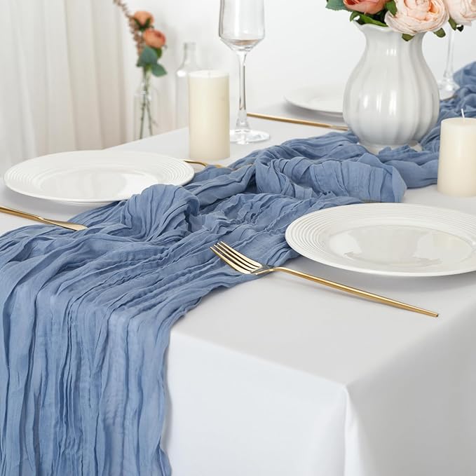 combocube 12 Pack 35x120 Inch 10Ft Cheesecloth Long Table Runner Gauze Rustic Romantic Table Cloth for Wedding Reception Bridal Shower Holiday Birthday Party Table Decorations, Dusty Blue