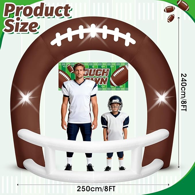 8FT Brown and White Football Helmet Inflatable Arch with Game Day Banner, Giant Outdoor Blow Up Football Helmet with Built-in 3 LED Lights for Football Themed Birthday Party Lawn Yard Decoration