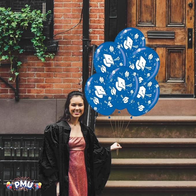 PMU 100 Pcs Blue Graduation Balloons Class of 2025 with All-Over Print White Grad Caps-Confetti and Streamers | Graduation Party Supplies | Congratulations Grad Latex Balloons Latex