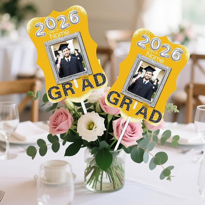 Personalized Graduation Double Sided Face Fan Class of 2026 Customized Graduation Head Face Cutout with Handle Fun Photo Prop Supplies(A-Gold and Black,12pcs)