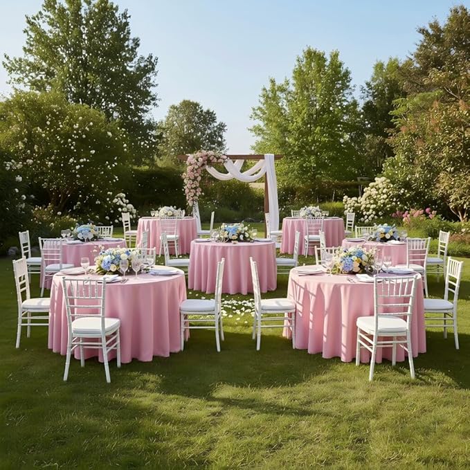 sancua Round Tablecloth 132 Inch Diameter, 6 Pack - Circle Polyester Fabric Table Cloth for Wedding Party Reception Banquet Birthday, Washable Formal Table Cover (Fit 54-96 Inch Tables), Pink