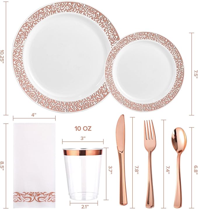 FOCUSLINE 175 Ct Rose Gold Dinnerware Set for 25 Guests, Plastic Plates with Rose Gold Lace Rim Design, Including 25 Disposable Dinner & Dessert Plates, Cups, Napkins, Cutlery Set