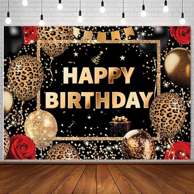 8X10FT Happy Birthday Background Gold Glitter Flash Black Leopard Print Balloon Photo Background Party Decoration Cake Table Banner Wall Decoration Photo Shooting Props Supplies 100