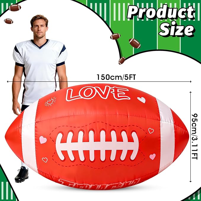 5FT Valentines Day Red Football Inflatable,Large Outdoor Blow Up Football Yard Decoration with Built-in LED Light for Football Lover Player Valentine Wedding House Living Room Garden Lawn Party Decor