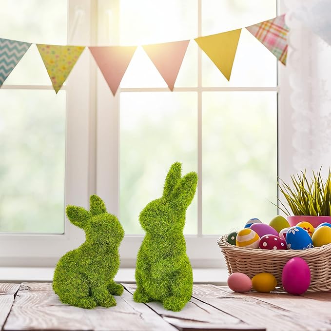 Easter Bunny Decorations,Resin Moss Bunny Figurine,Garden Artificial Moss Rabbit Easter Décor Easter Party Favors Gifts(Medium-2pcs)