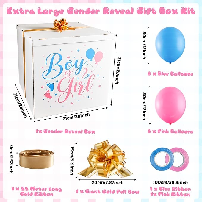 28 Inches Extra Large Gender Reveal Gift Box Kit with Oversized One Sided Printing Box Giant Pull Bows Balloon Ribbon for Gender Reveal Baby Shower Birthday Party Decor Supplies Not for Heavy-Duty