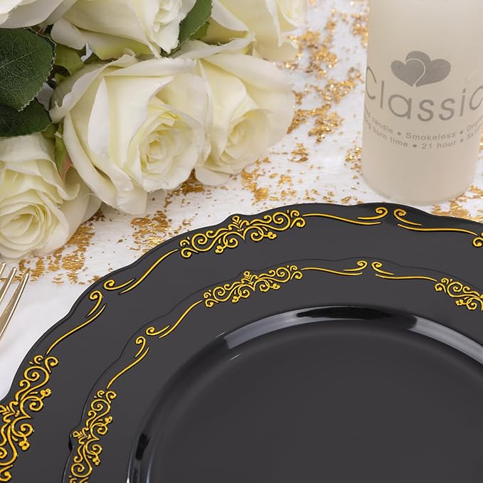 DaYammi 150Pcs Black Gold Plastic Plates & Plastic Silverware,Black Disposable Plates for Party Include 30 Dinner Plate,30 Dessert Plate,30 Knives,30 Forks,30 Spoons,black plates for Party Wedding