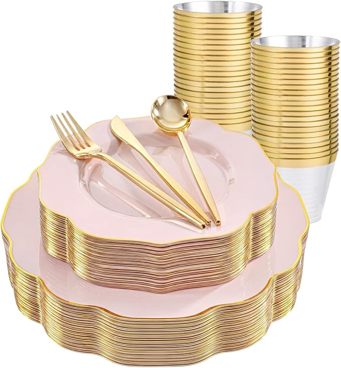 bUCLA 180PCS Pink Plastic Plates - Pink with Gold Rim Disposable for Party Include 30 Each (Dinner & Dessert) Plates, 30 Knives, 30 Forks, 30 Spoons, 30 Cups for Wedding, Birthday & Shower