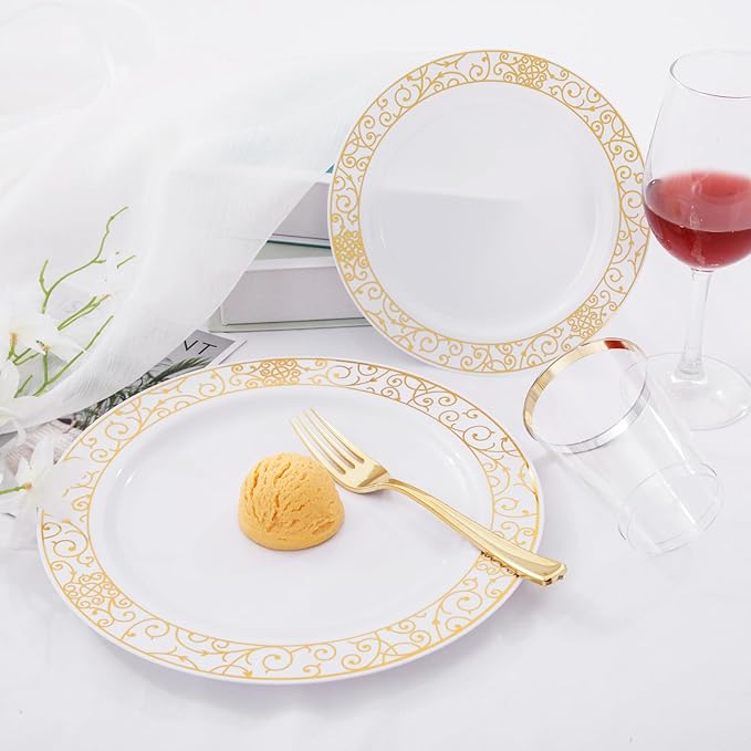 LIYH 700 Pcs Gold Plastic Dinnerware Set for 100 Guests - Plastic Plates for Party Includes Disposable Plates, Cups, Wedding Napkins and Disposable Cutlery Elegant White & Gold Design for Wedding