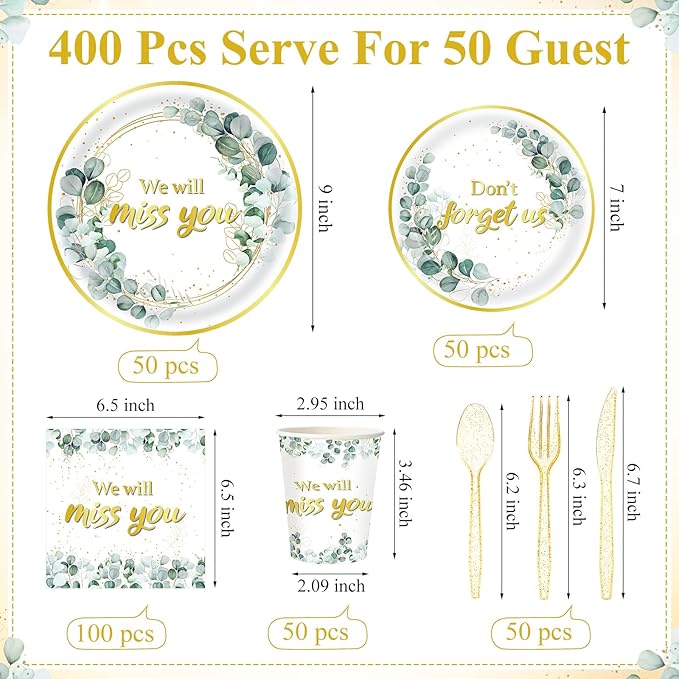 Pickmesh 400 Pcs Sage Green Farewell Party Supplies Include We Will Miss You Disposable Paper Plates Napkins Cups Cutlery for Coworkers Going Away Goodbye Retirement Party Decorations Serve 50