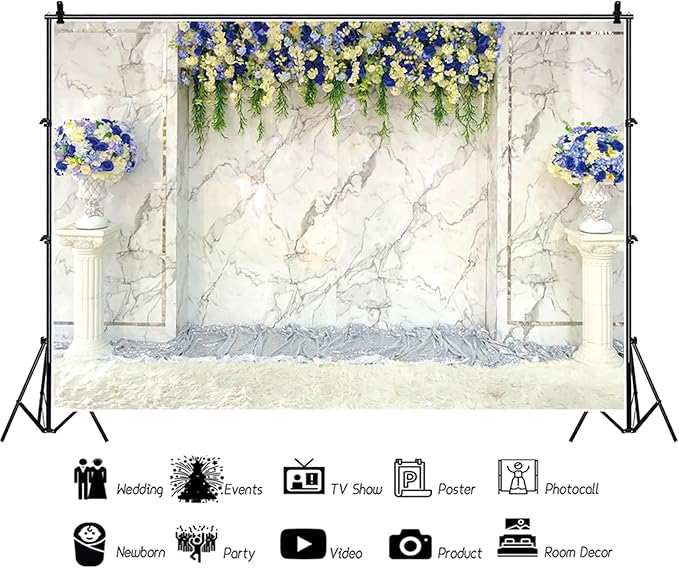 Baocicco 10x6.5ft Vinyl Luxury Wall Backdrop Photography Vintage Marble Texture Blue Floral European Style Gorgeous Church Background Birthday Wedding Party Decorations Bridal Shower Women Girls Props