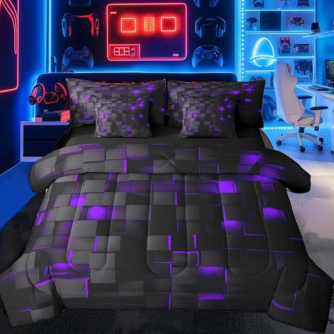 Feelyou Purple and Black Bedding Set Twin Size Kids Light Geometric Comforter Set with Sheets 7 Piece Bed in a Bag forModern Bed Set with Comforter,Sheets,Pillowcases,Cushion Covers