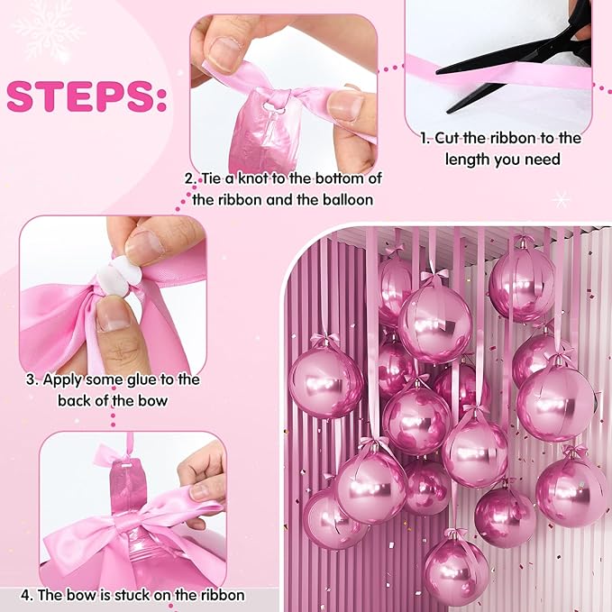 Jenaai 30 Set Valentine's Day Round Foil Balloons Bulk 22 Inch 4d Metallic Giant Balloons Set with Satin Bows Ribbon for Ceiling Holiday Ornaments New Year Birthday Wedding Party Decoration(Pink)