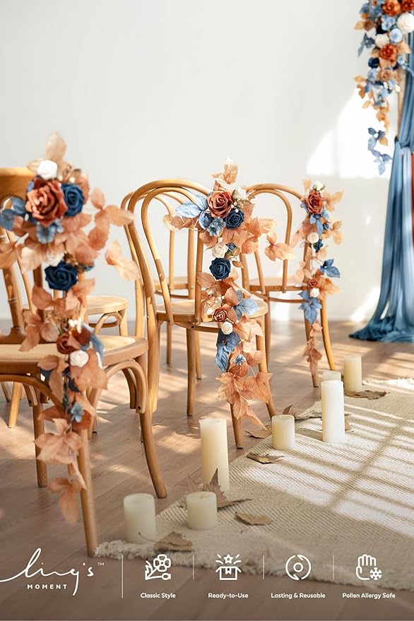 Ling's moment Fall 10pcs Wedding Chair Decorations Aisle Floral Swag Artificial Pew Flowers Hanging Garland Terracotta Burnt Orange & Navy Blue for Ceremony Reception Church Rose Floral Party Outdoor