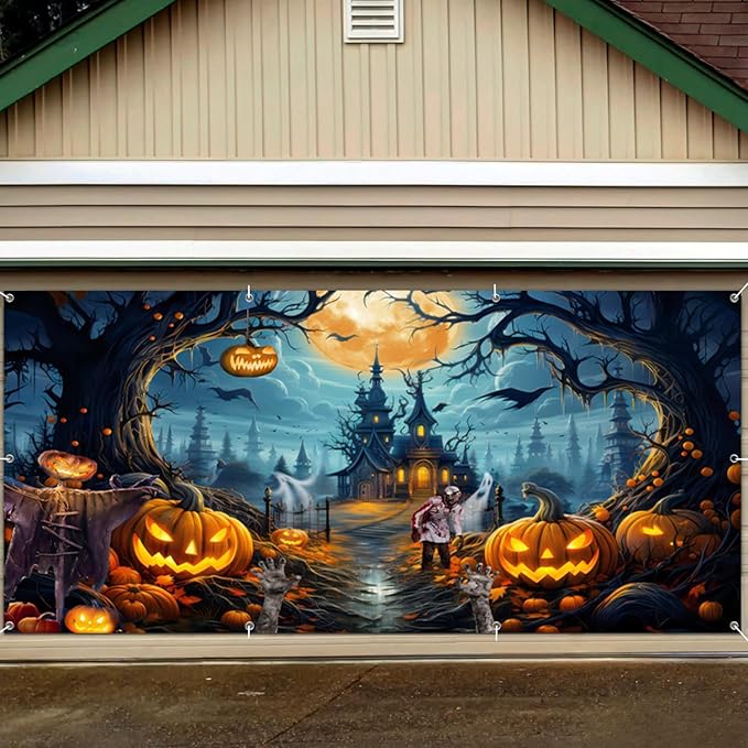 7x16 FT Garage Door Banner - Scary Night Full Moon Halloween Decorations - Large Castle Pumpkins Banner Backdrop