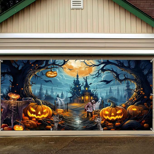 7x16 FT Garage Door Banner - Scary Night Full Moon Halloween Decorations - Large Castle Pumpkins Banner Backdrop