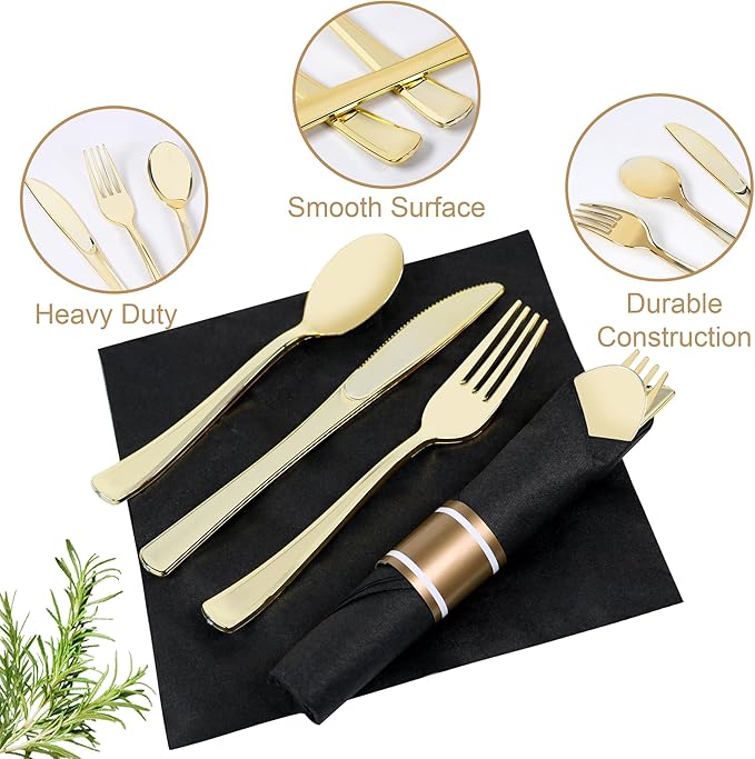 400 PCS Pre Rolled Cutlery Sets, Premium Gold Plastic Flatware Set Wrapped in Black Napkin, Disposable Cutlery Set with 100 Forks, 100 Knives, 100 Spoons, 100 Napkins for Wedding, Party, Dinner
