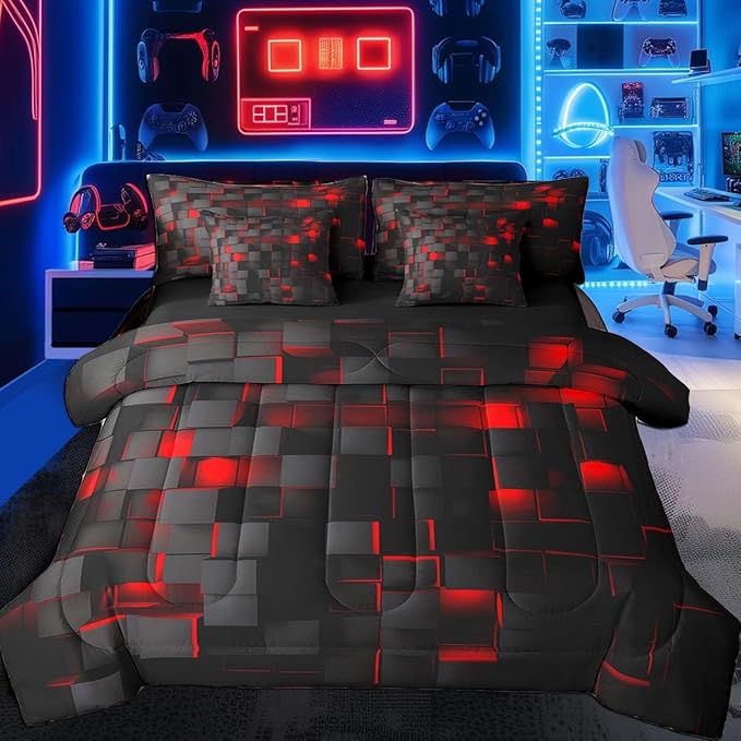 Feelyou Red and Black Bedding Set Twin Size Light Geometric Comforter Set with Sheets 7 Piece for Kids Boys Decor Bed in a Bag Modern Bed Set